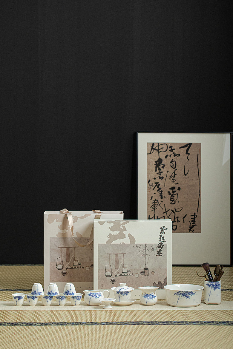 Blue and white bamboo tea set detail
