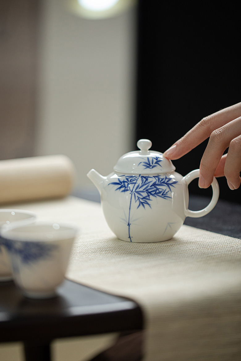 Blue and white bamboo tea set detail